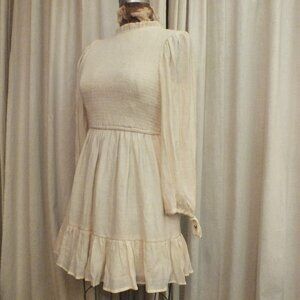 Short Dress with Long Puffy Sleeves in a Light Oatmeal Color Size Small